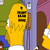 Yellow cartoon character with striped face and white gloves holding a brown object against a colorful background.