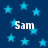 Dark blue background with scattered light blue stars and repeated white text "Sam" in a pixelated font.