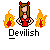 Pixel art of a female figure with brown hair, red horns, and a red top flanked by two orange-yellow flames on white background.