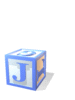 Blue and white cube with 'J' on front face, yellow accents on side faces, casting a shadow on white background.
