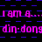 Animated text repeats 'I am a...' and 'din-dong' in pink on blue checkered background with black lines