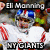Pixelated image of two football players in white and red uniforms with blue helmets, overlaid text "NY GIANTS We Do!" and partial "El Morning" at top.