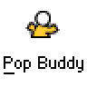 Animated contact sheet of a yellow stick figure character performing an explosion sequence against gray background, with repeated "Pop Buddy" text labels below each frame.