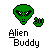 Green pixelated alien head with black eyes and mouth, small green hand, and 'Alien Buddy' text on gray background.