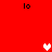 Red background with four black 'lo' text elements and three pixelated hearts in white and pink.