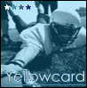 A monochrome blue-toned image of a person in athletic gear leaning forward, with four star icons above and 'Yellowcard' text below.