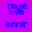 Pixelated blue text on purple background with red starbursts; 'Tegan Love' and 'summer' alternate in a pattern