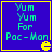 Blue square with yellow border displays green text 'Yum Yum For Pac-Man' and a yellow Pac-Man icon, showing two distinct animation states.
