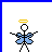 Pixelated angel stick figure with blue wings and yellow halo, static pose across six with sequential text above