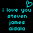 Cyan pixelated text on black background with heart symbol above, displaying repeated names and 'i love you' in two