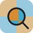 A static pixelated icon shows a magnifying glass with a black outline, orange and blue lens sections, and a black handle against a split background of beige and light blue.
