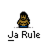 A 4x4 contact sheet of pixel art frames showing a cartoon character with brown skin, blue shorts, and a ponytail in various poses, with "Ja Rule" text below each frame and speech bubbles reading "IT'S" and "MURRAY!" at the top.