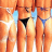 Pixelated image of three figures in orange-toned attire with blue accents, featuring a central black triangular shape and white star-like element on the left.