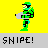 Animated contact sheet of a green-armored character in various poses with repeated "SNIPE!" text across frames, showing shooting animation and explosion effects on yellow background.