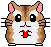Pixel art hamster icon with two animation frames showing a red object held in front of its mouth.