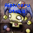 Pixelated character with blue jester hat and yellow face, wearing black outfit with red accents, surrounded by floating coins.