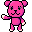 Pixelated pink bear with white paws and black eyes, shown in six sequential poses against gray background.