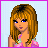 Pixel art of a doll-like character with long brown hair and blue eyes, wearing a pink dress and purple shoes, with text reading "BACK TO school" in pink and purple