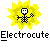Pixelated yellow sunburst with black stick figure holding checkered object, below which is text reading "Electrocute" in bold block letters.