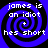 Four identical blue and black spiral patterns with white text reading "james is an idiot hes short" arranged in a