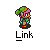 Pixel art animation of Link from The Legend of Zelda series in various poses with green tunic, pink hair streak, and brown boots on gray background.