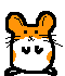 Pixel art hamster character in multiple poses with orange and white coloring, black outlines, and gray background.