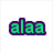 Green and purple pixelated text 'alaa' appears above a green bar with vertical lines, while the top-right shows 'i love her' in matching colors next to a green alien-like character.