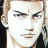 Pixelated anime-style portrait of a person with light brown hair and dark eyes, set against a black background with white text elements.