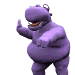 A purple cartoon hippopotamus with a large belly and small ears performs sequential hand gestures against a white background.