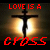 A pixelated contact sheet showing two frames of an animated icon with a crucifix silhouette against a glowing background and red text reading "LOVE IS A CROSS".