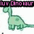 Pixelated green dinosaur with long neck and tail, smiling expression, standing on four legs against white background.