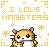 Pixel art of a hamster with orange-brown fur, pink inner ears, and black eyes holding a gray object against a white background with yellow geometric shapes.