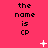 A static image with a bright pink background displays repeated text "the name is CP" in black pixelated font, accompanied by scattered white star and cross symbols.