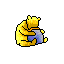 Pixelated yellow bear holds blue container in four distinct poses against gray background.