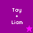 Pixelated text 'Toy + Liam' on purple and magenta backgrounds with a star symbol changing color and position.