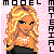 Pixelated icon of a person with long blonde hair, blue eyes, and an orange-toned face wearing white top against pink checkered background.