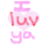 Pixelated pink and red text forms 'I LUV YA' over a heart shape with gradient shading.