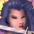 Pixelated close-up of a person with dark blue hair and light skin, wearing a white collar against a blurred background.