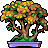 Pixel art of a bonsai tree with brown trunk, green foliage, and yellow flowers in a purple pot against gray background.