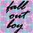 six with text and a photo: 'fall out boy' on pink-and-blue checkered, 'Cynthia Woods Mitchell Pavilion' on purple, 'April 23rd 2007' on light blue, '6:30 Pm' on pink, four people in casual clothes on dark background, and empty gray