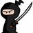 Pixelated ninja figure in black hooded attire holding two swords against white and purple background with text fragments.