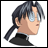 Pixelated anime-style character with dark gray hair in a braid, light blue glasses, and a black high-collared shirt against white background.