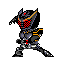 Pixel art character in black and red armor with yellow accents performing sequential combat poses against white background.