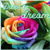 A static image of a multicolored rose with green leaves and overlaid text reading 'Dare to dream' in a cursive font.