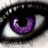 A close-up of a human eye with purple irises and black pupils, set against a black background with pink text.