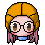 Pixel art avatar with orange hair, glasses, and pink side-swept bangs showing three facial expressions against a gray background.