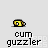 Yellow and black pixelated icon with 'cum guzzler' text below, showing sequential animation frames of a small object rotating clockwise on light gray background.