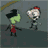 Animated sequence of two cartoon characters walking side-by-side against a dark gray background with yellow curved lines.
