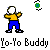 Pixelated character in yellow shirt and blue pants holding green yo-yo with white string, repeated across gray background with text below.