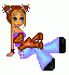 Pixelated character with brown hair in twin buns, blue eyes, purple strapless top, light blue pants, and black shoes holding a small orange cat-like creature.